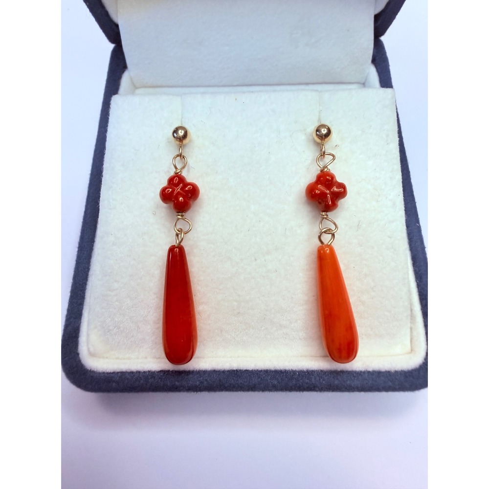 14K Gold Coral Dangle Earrings featuring beautiful carved coral accents